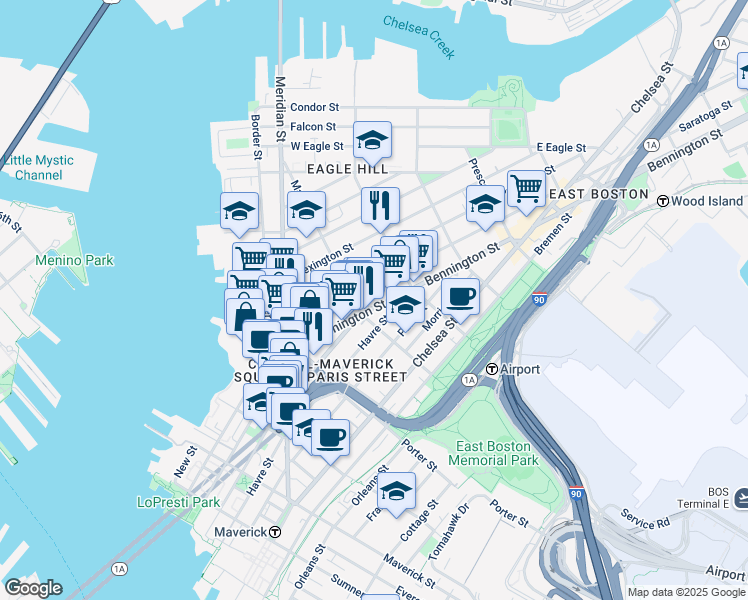 map of restaurants, bars, coffee shops, grocery stores, and more near 92 Bennington Street in Boston