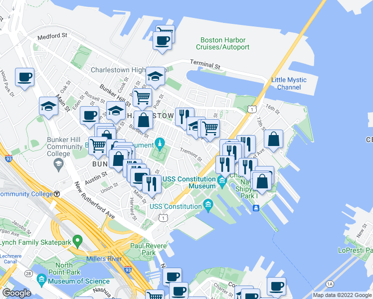 map of restaurants, bars, coffee shops, grocery stores, and more near 50 Bunker Hill Street in Boston