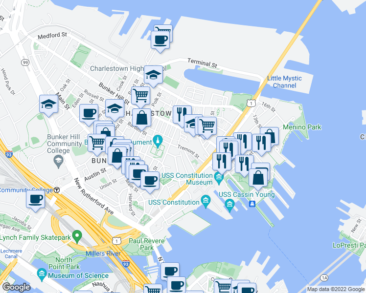 map of restaurants, bars, coffee shops, grocery stores, and more near 50 Bunker Hill Street in Boston