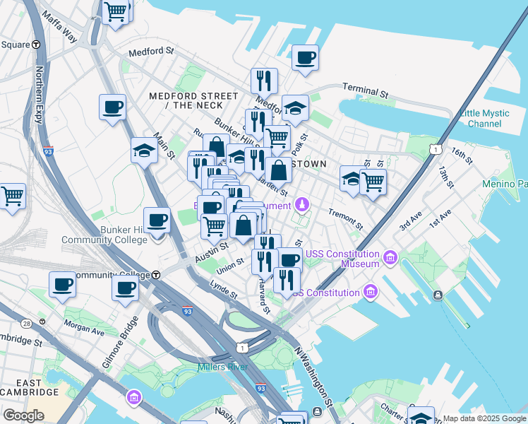map of restaurants, bars, coffee shops, grocery stores, and more near 5 Cross Street in Boston
