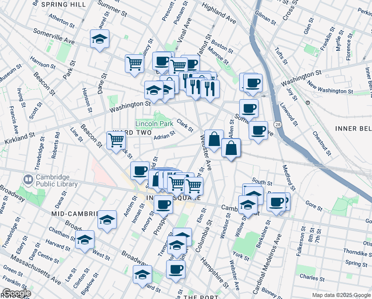 map of restaurants, bars, coffee shops, grocery stores, and more near 22 Concord Avenue in Somerville