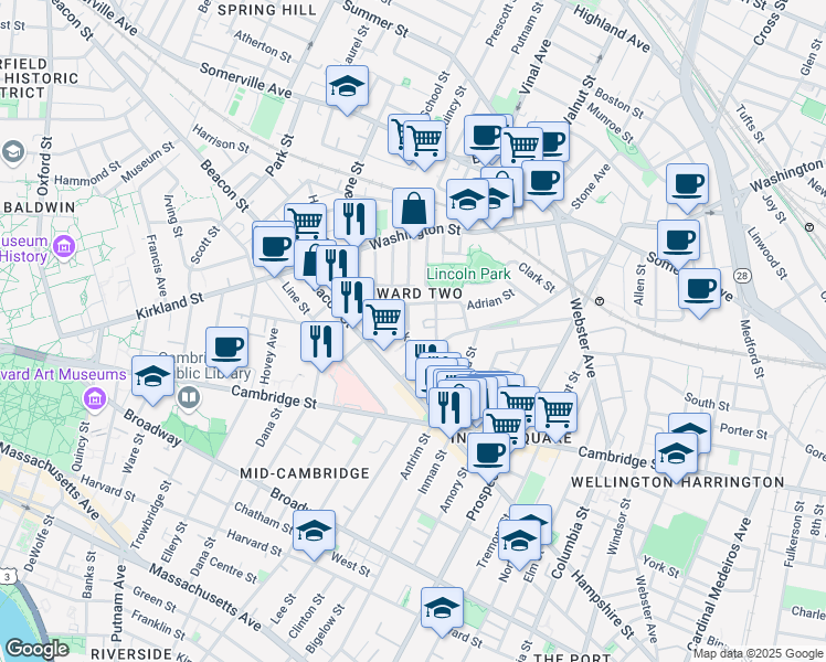 map of restaurants, bars, coffee shops, grocery stores, and more near 10 Wyatt Circle in Somerville