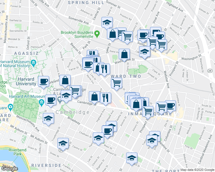 map of restaurants, bars, coffee shops, grocery stores, and more near 76 Beacon Street in Somerville