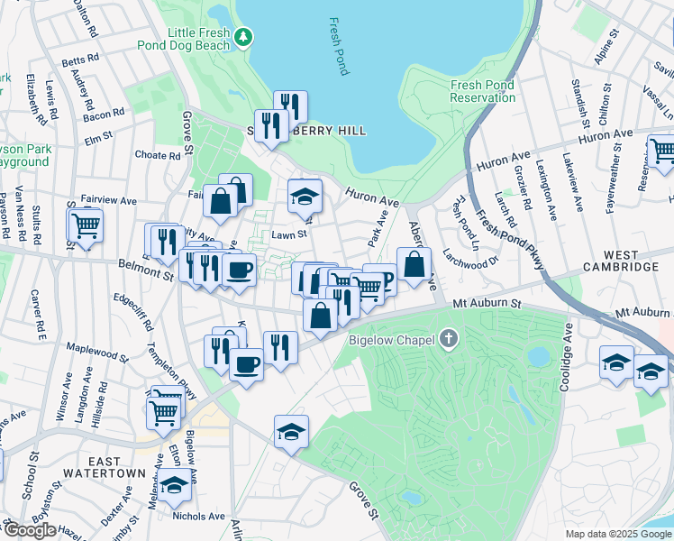 map of restaurants, bars, coffee shops, grocery stores, and more near 66 Holworthy Street in Cambridge