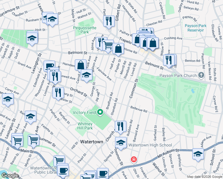 map of restaurants, bars, coffee shops, grocery stores, and more near 76 Bradford Road in Watertown