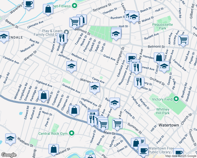 map of restaurants, bars, coffee shops, grocery stores, and more near 39 Carey Avenue in Watertown