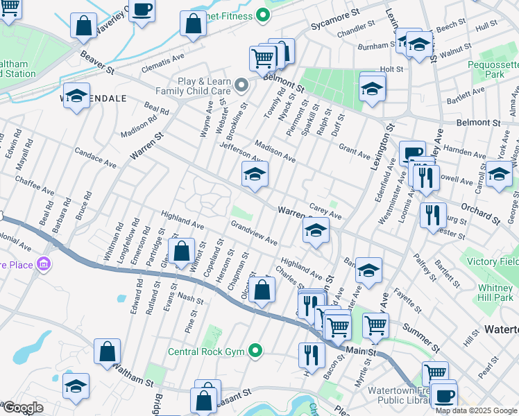 map of restaurants, bars, coffee shops, grocery stores, and more near 250 Warren Street in Watertown
