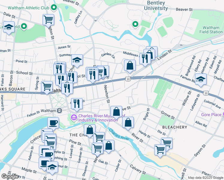 map of restaurants, bars, coffee shops, grocery stores, and more near 22 Townsend Street in Waltham