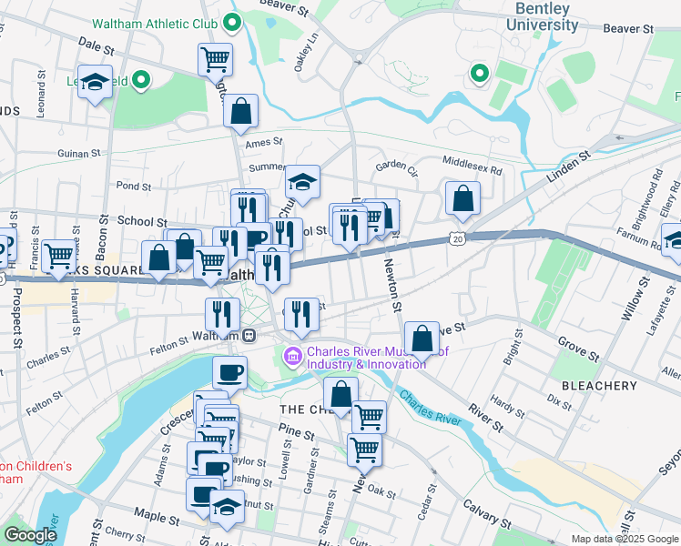 map of restaurants, bars, coffee shops, grocery stores, and more near 11 Appleton Street in Waltham