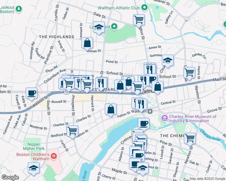 map of restaurants, bars, coffee shops, grocery stores, and more near 771 Main Street in Waltham