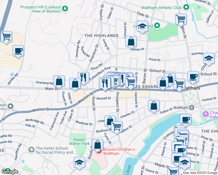 map of restaurants, bars, coffee shops, grocery stores, and more near 933 Main Street in Waltham