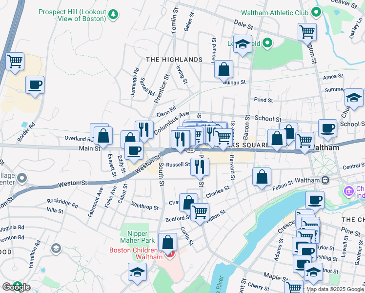 map of restaurants, bars, coffee shops, grocery stores, and more near 933 Main Street in Waltham