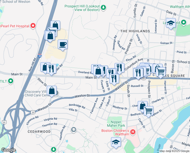 map of restaurants, bars, coffee shops, grocery stores, and more near 1089 Main Street in Waltham