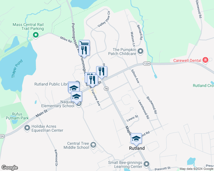 map of restaurants, bars, coffee shops, grocery stores, and more near 3 Sunnyside Avenue in Rutland