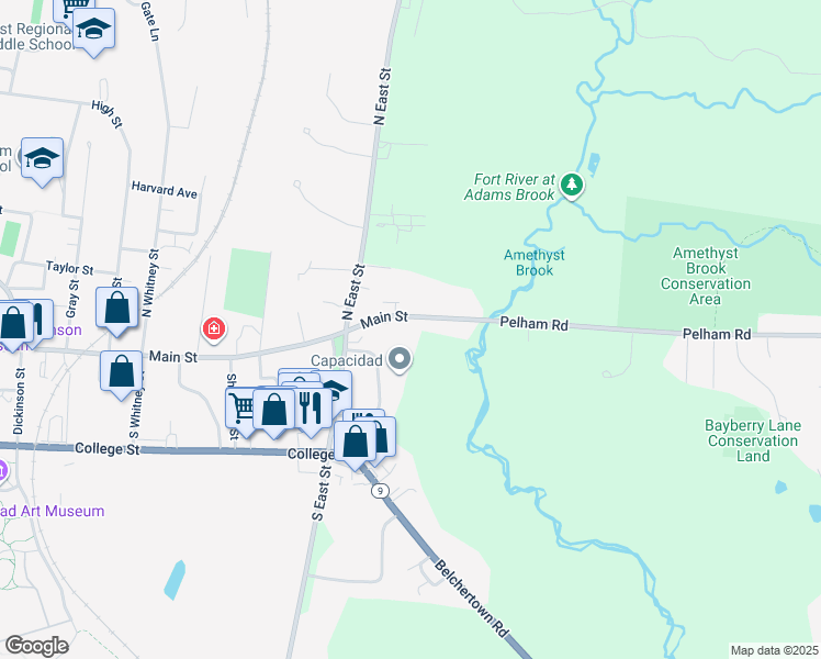 map of restaurants, bars, coffee shops, grocery stores, and more near 823 Main Street in Amherst