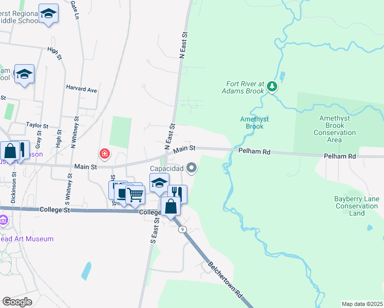 map of restaurants, bars, coffee shops, grocery stores, and more near 823 Main Street in Amherst