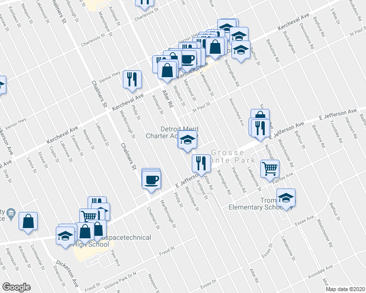 map of restaurants, bars, coffee shops, grocery stores, and more near 1227 Alter Road in Detroit