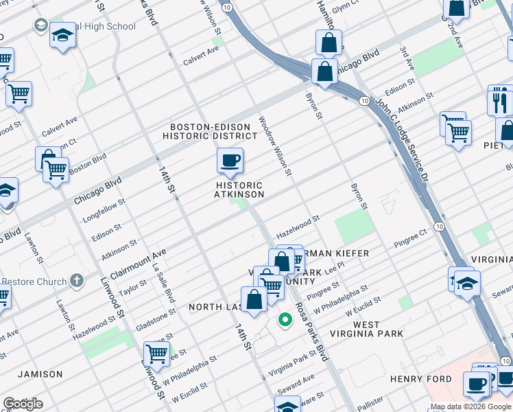 map of restaurants, bars, coffee shops, grocery stores, and more near 1723 Clairmount Avenue in Detroit