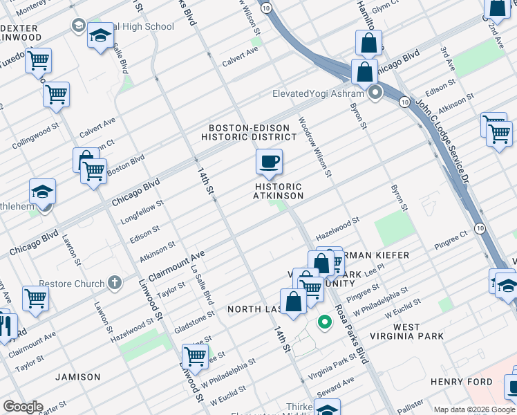 map of restaurants, bars, coffee shops, grocery stores, and more near 1987 Atkinson Street in Detroit