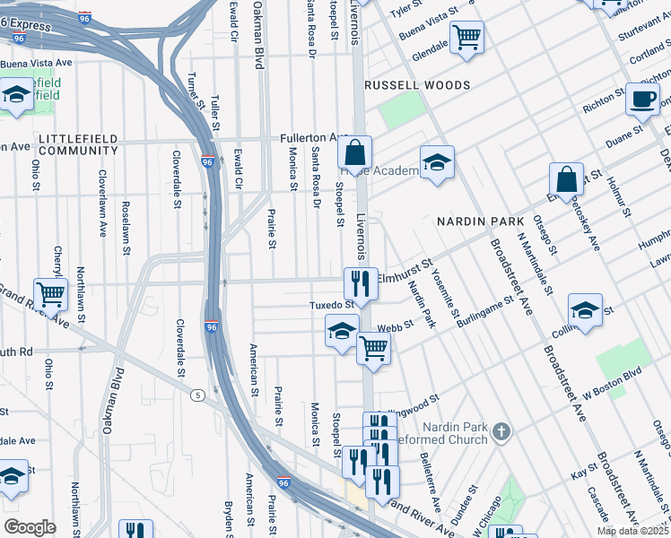 map of restaurants, bars, coffee shops, grocery stores, and more near 12019 Stoepel Street in Detroit
