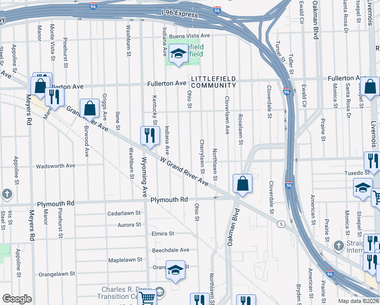 map of restaurants, bars, coffee shops, grocery stores, and more near 11862 Wisconsin Street in Detroit