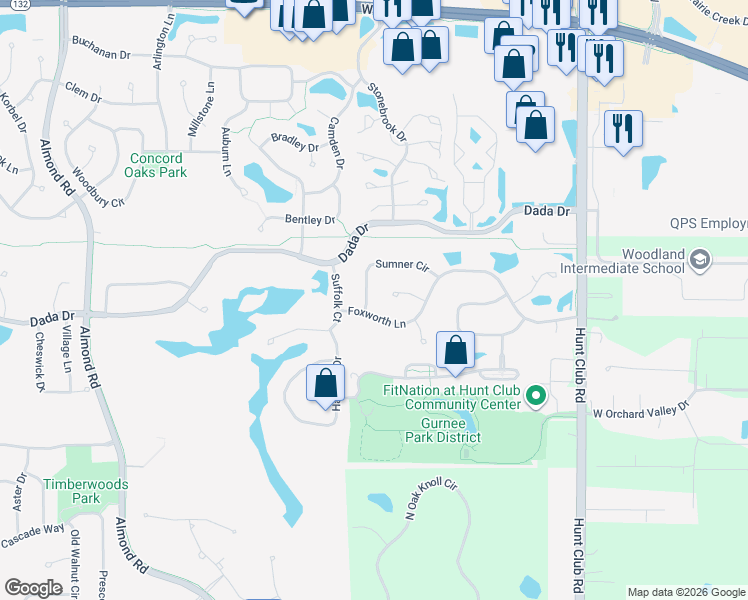 map of restaurants, bars, coffee shops, grocery stores, and more near 1097 Whittington Court in Gurnee