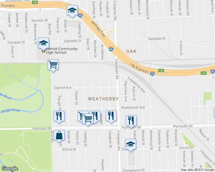 map of restaurants, bars, coffee shops, grocery stores, and more near 12207 Vaughan Street in Detroit