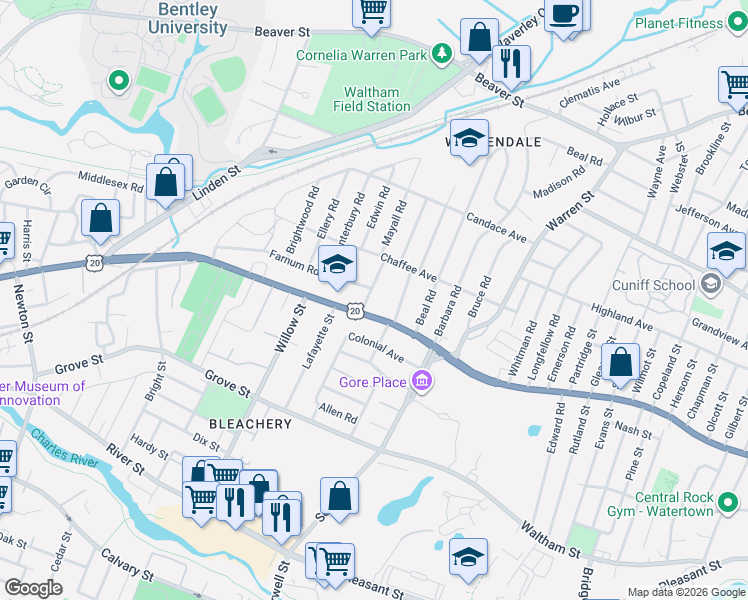 map of restaurants, bars, coffee shops, grocery stores, and more near 15 Bowker Road in Waltham