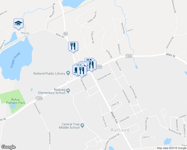 map of restaurants, bars, coffee shops, grocery stores, and more near 7 Maple Avenue in Rutland