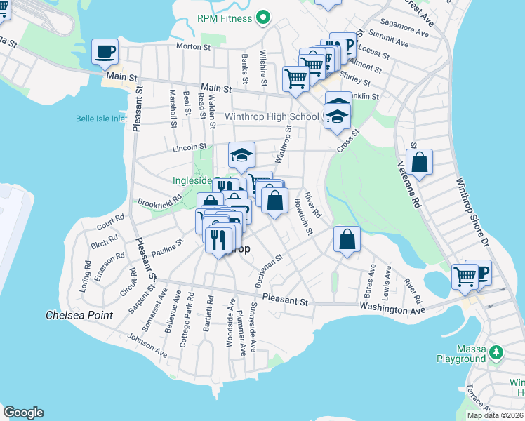 map of restaurants, bars, coffee shops, grocery stores, and more near 226 Winthrop Street in Winthrop