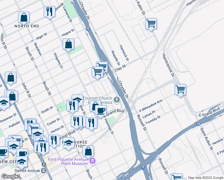 map of restaurants, bars, coffee shops, grocery stores, and more near 7509 Chrysler Drive in Detroit
