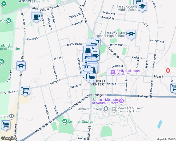 map of restaurants, bars, coffee shops, grocery stores, and more near 48 North Pleasant Street in Amherst