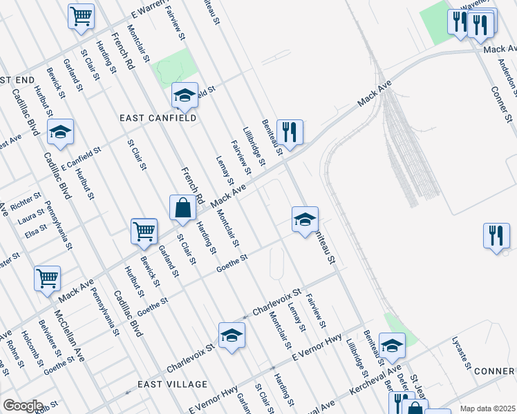 map of restaurants, bars, coffee shops, grocery stores, and more near 3523 Fairview Street in Detroit