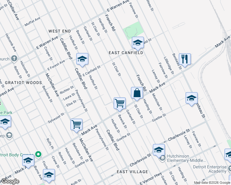 map of restaurants, bars, coffee shops, grocery stores, and more near 3823 Garland Street in Detroit