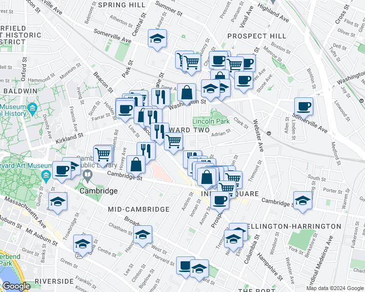 map of restaurants, bars, coffee shops, grocery stores, and more near 12 Harold Street in Somerville
