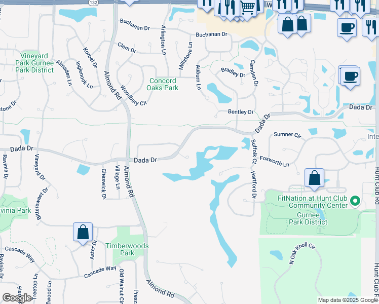 map of restaurants, bars, coffee shops, grocery stores, and more near 1135 Tyme Court in Gurnee