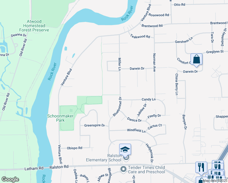 map of restaurants, bars, coffee shops, grocery stores, and more near 10820 Miller Lane in Machesney Park