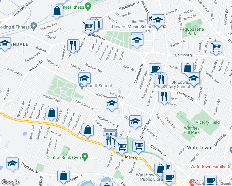 map of restaurants, bars, coffee shops, grocery stores, and more near 39 Carey Avenue in Watertown