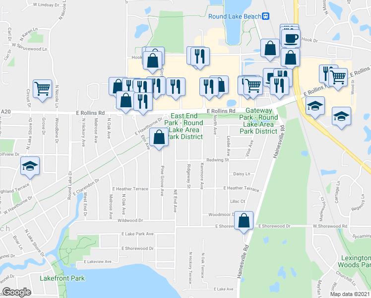 map of restaurants, bars, coffee shops, grocery stores, and more near 1522 Ridgeway Street in Round Lake Beach