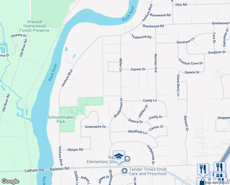 map of restaurants, bars, coffee shops, grocery stores, and more near 10820 Miller Lane in Machesney Park