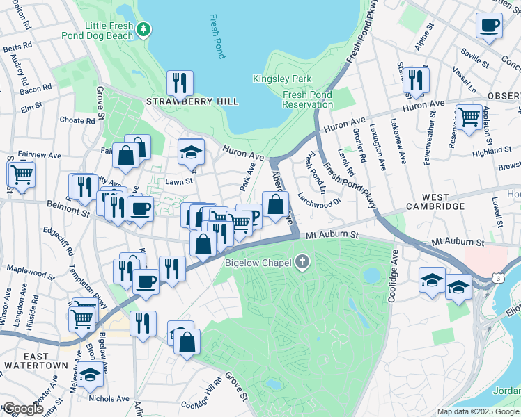 map of restaurants, bars, coffee shops, grocery stores, and more near 47 Homer Avenue in Cambridge