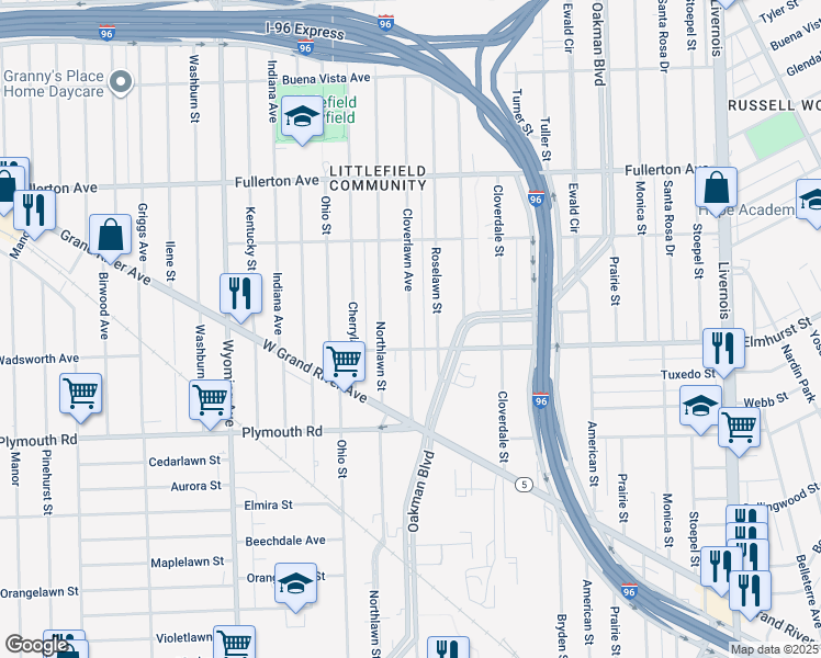 map of restaurants, bars, coffee shops, grocery stores, and more near 12034 Cloverlawn Avenue in Detroit