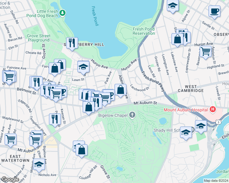 map of restaurants, bars, coffee shops, grocery stores, and more near 47 Homer Avenue in Cambridge