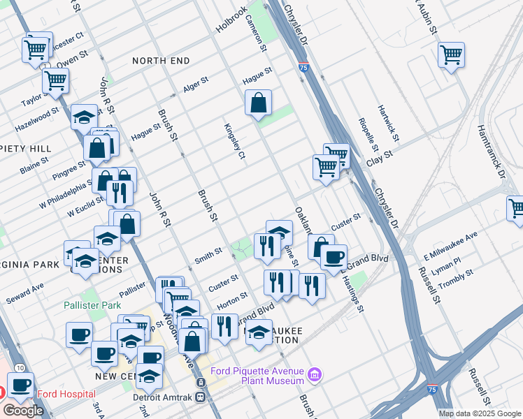 map of restaurants, bars, coffee shops, grocery stores, and more near 570 Chandler Street in Detroit