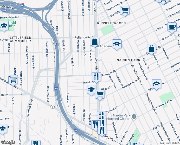 map of restaurants, bars, coffee shops, grocery stores, and more near 12019 Stoepel Street in Detroit