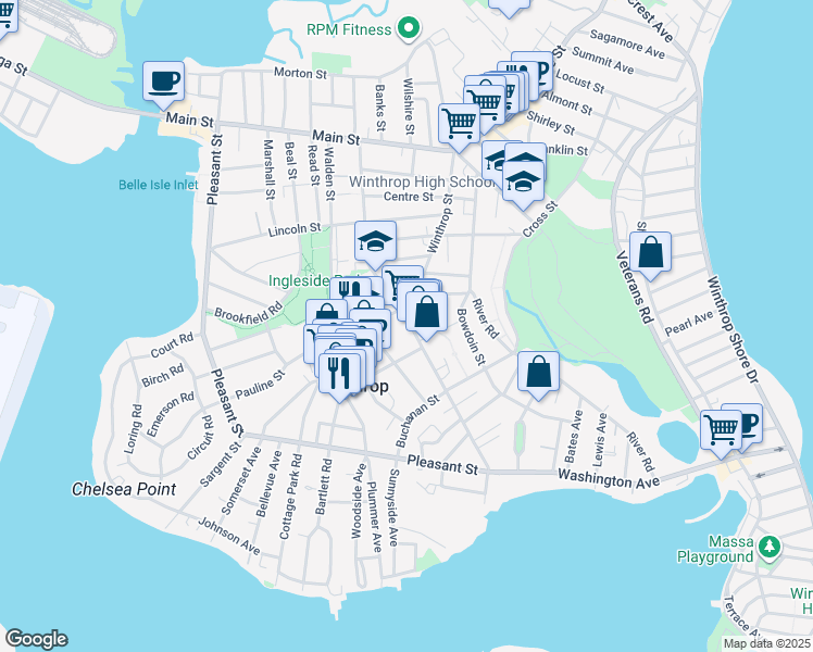 map of restaurants, bars, coffee shops, grocery stores, and more near 226 Winthrop Street in Winthrop