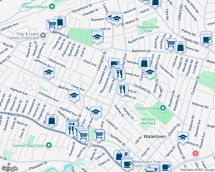 map of restaurants, bars, coffee shops, grocery stores, and more near 31 Gertrude Street in Watertown
