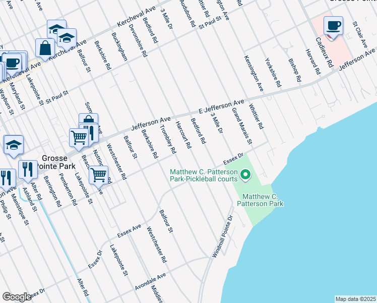 map of restaurants, bars, coffee shops, grocery stores, and more near 875 Harcourt Road in Grosse Pointe Park