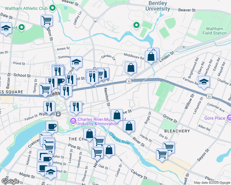 map of restaurants, bars, coffee shops, grocery stores, and more near 22 Townsend Street in Waltham