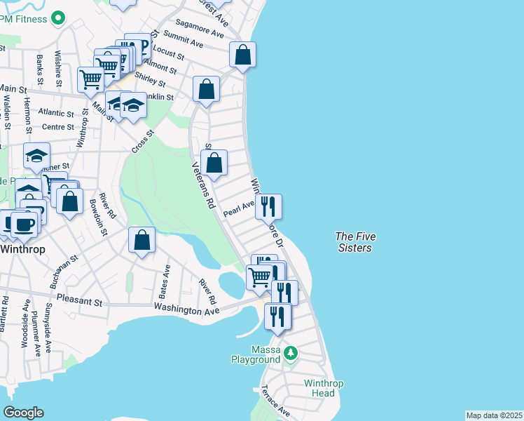 map of restaurants, bars, coffee shops, grocery stores, and more near 132 Winthrop Shore Drive in Winthrop